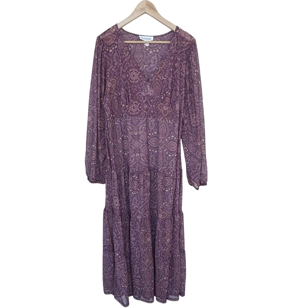 Lucky Brand Maxi Dress Purple Paisley Sheer Long Sleeve Tiered V-Neck XL *READ*
